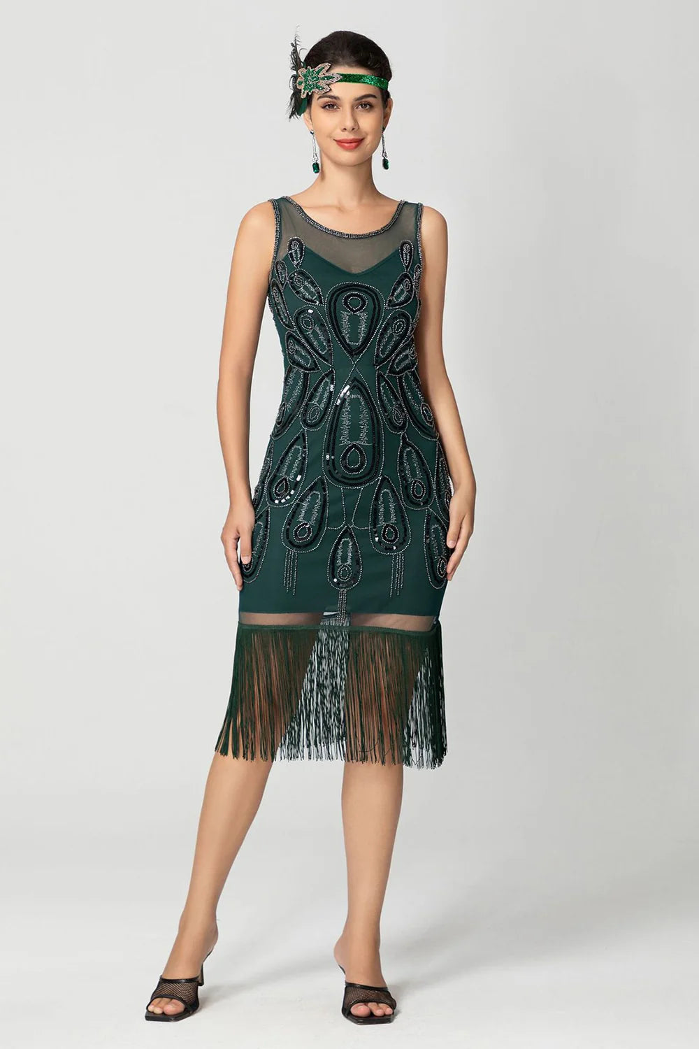 Black Sheath Sequins Fringed Illusion Neck 1920s Dress