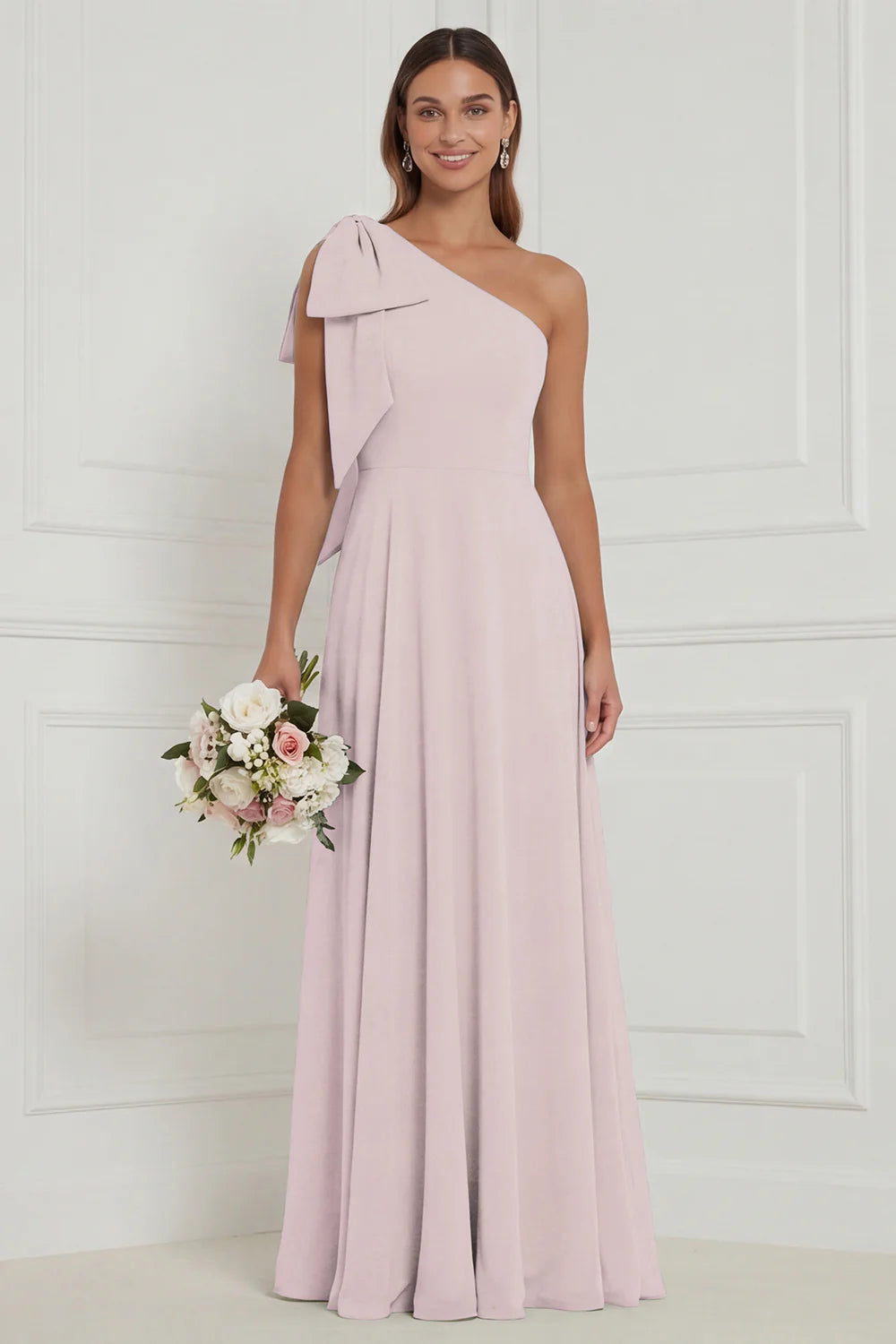 One Shoulder Bow A Line Sage Bridesmaid Dress with Lace up Back