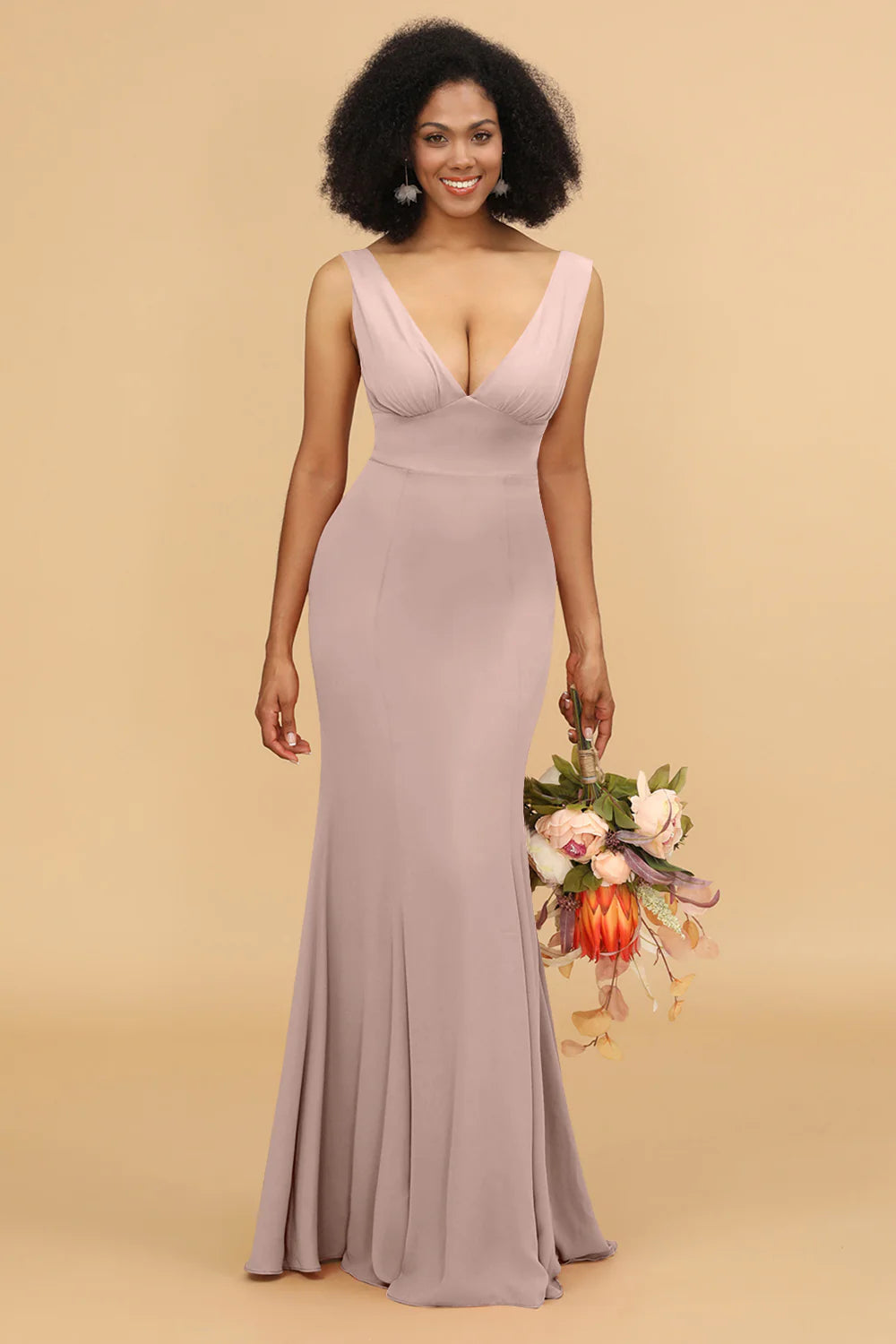 Mermaid V neck Open Back Long Chiffon Bridesmaid Dress With Ruffles