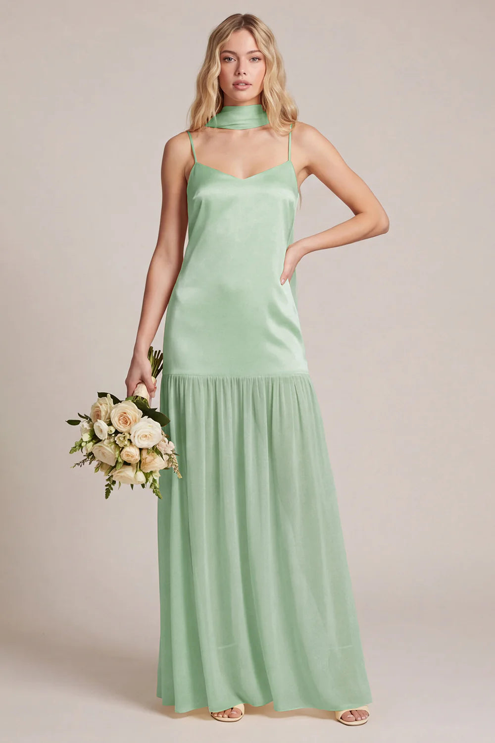 Daffodil Satin Spaghetti Straps Bridesmaid Dress with Scraf