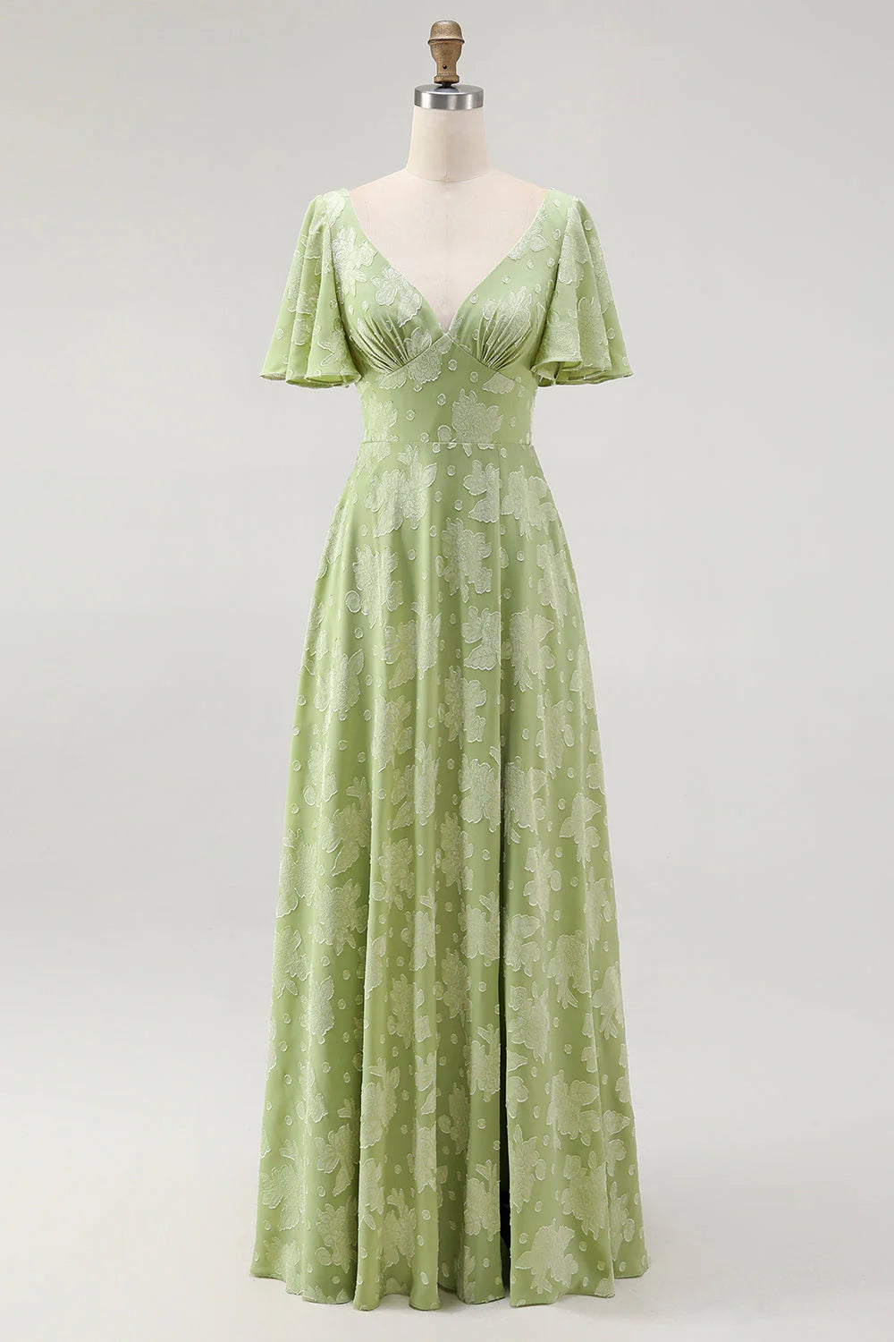 A Line Sage Green Floral Jacquard Flutter Sleeves Maxi Dress with Bow Back
