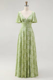 A Line Sage Green Floral Jacquard Flutter Sleeves Maxi Dress with Bow Back