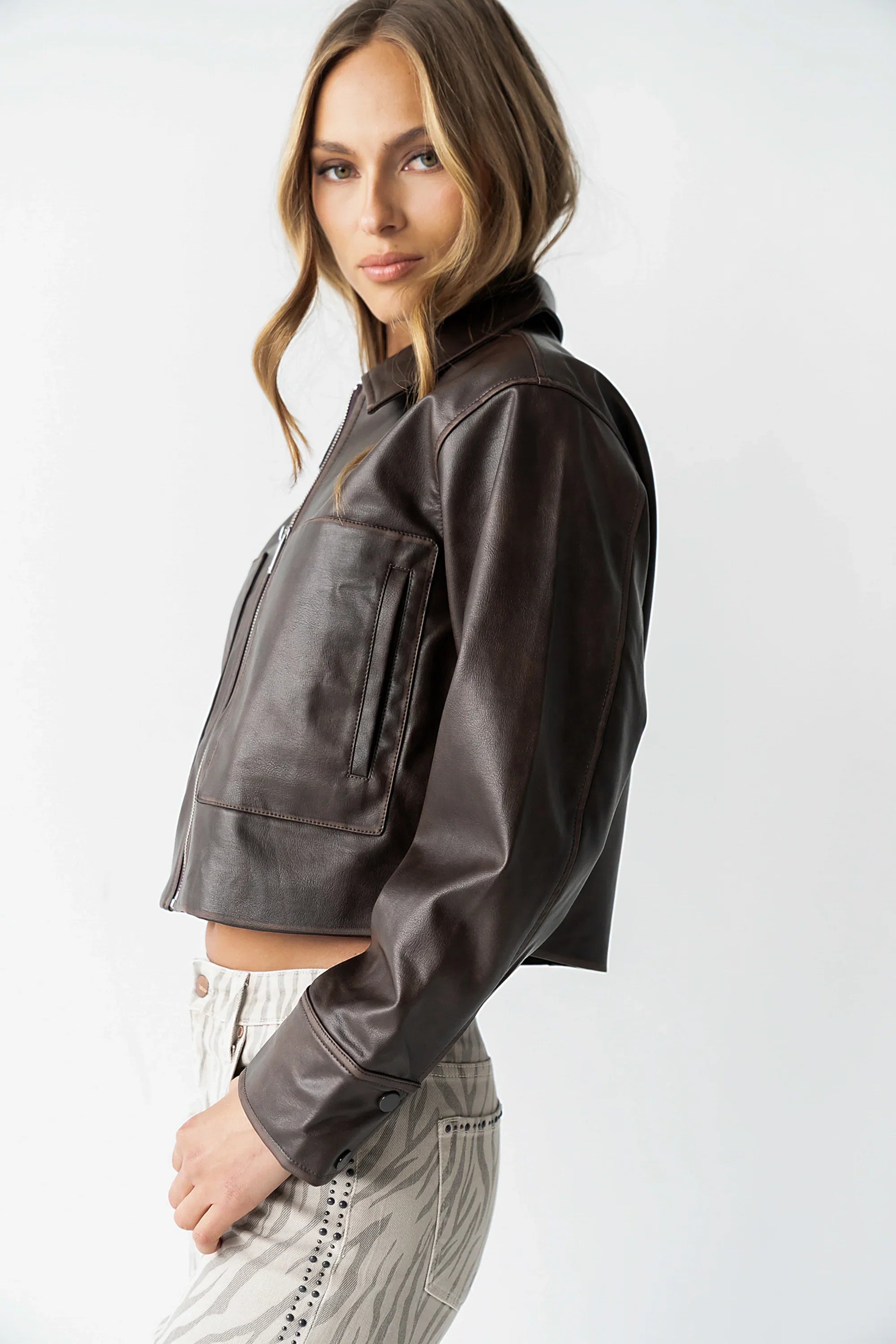 Jaymie Vegan Leather Jacket in Brown