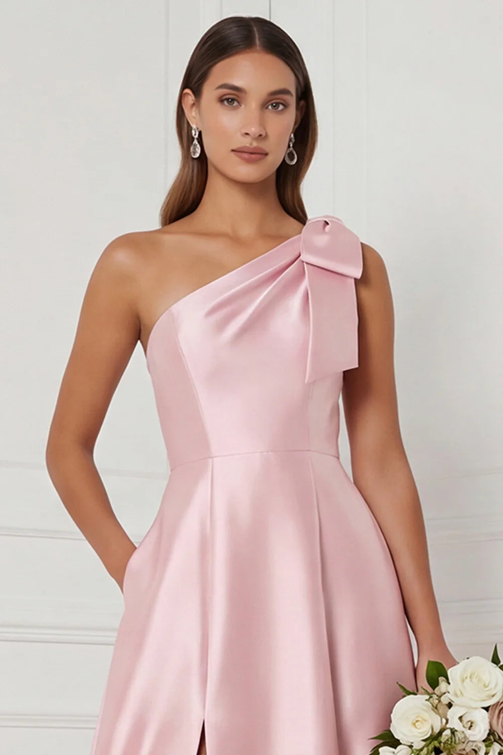 One Shoulder A Line Satin Pink Bridesmaid Dress with Slit