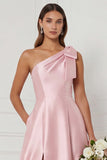 One Shoulder A Line Satin Pink Bridesmaid Dress with Slit