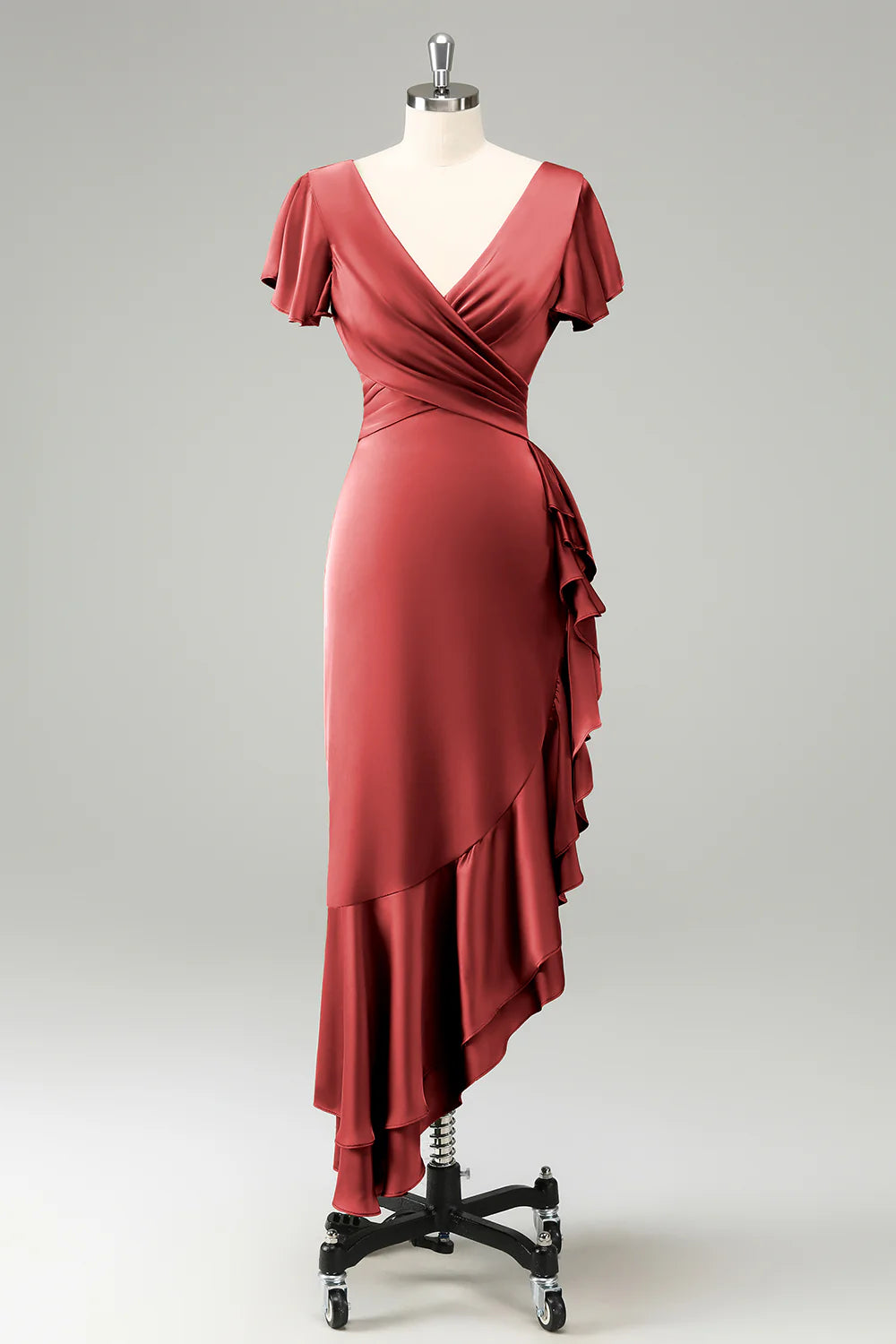 Elegant Dusty Sage A Line V Neck Short Sleeves Asymmetrical Bridesmaid Dress with Ruffles