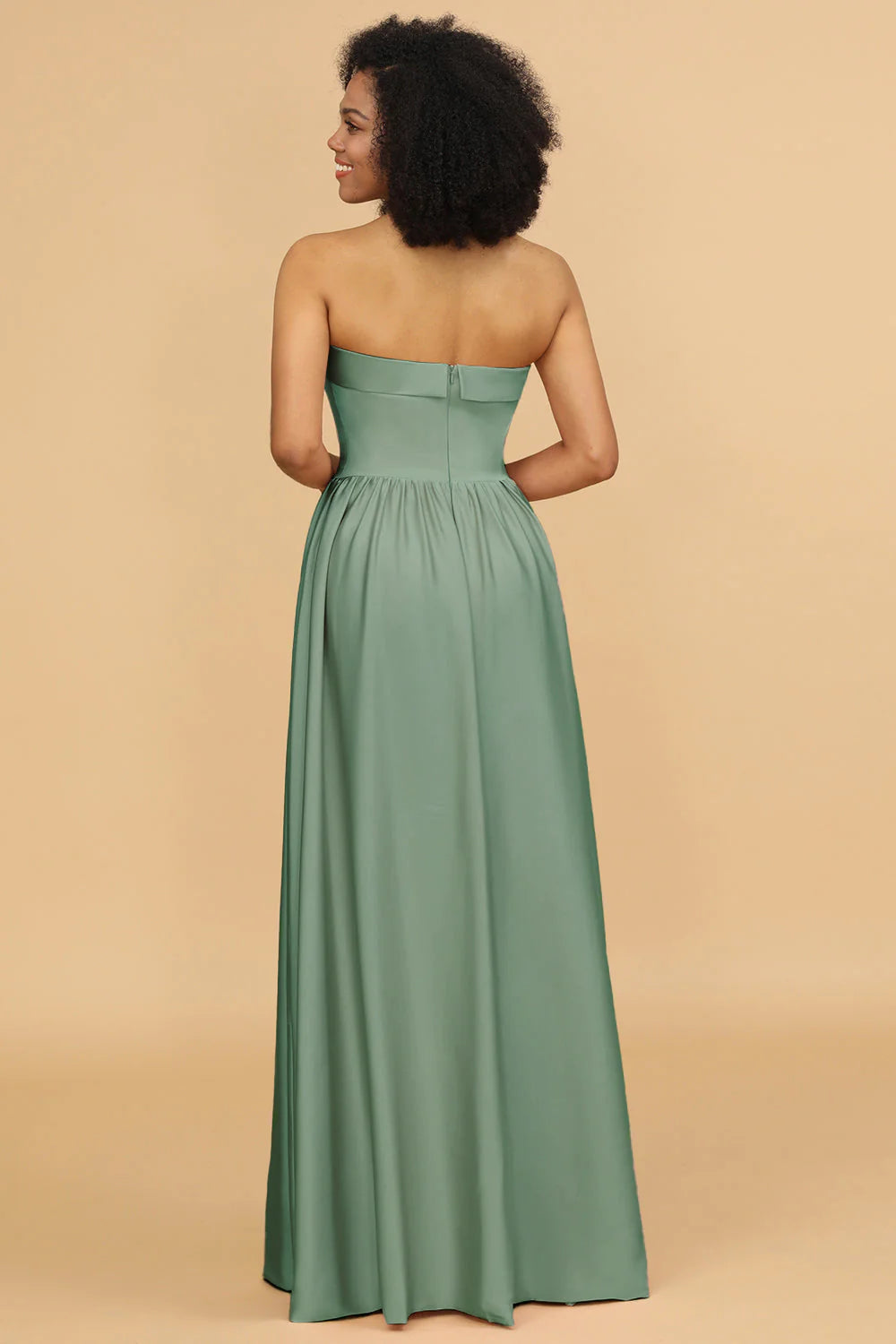 A Line Strapless Satin Floor Length Bridesmaid Dress with Pockets
