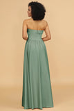 A Line Strapless Satin Floor Length Bridesmaid Dress with Pockets