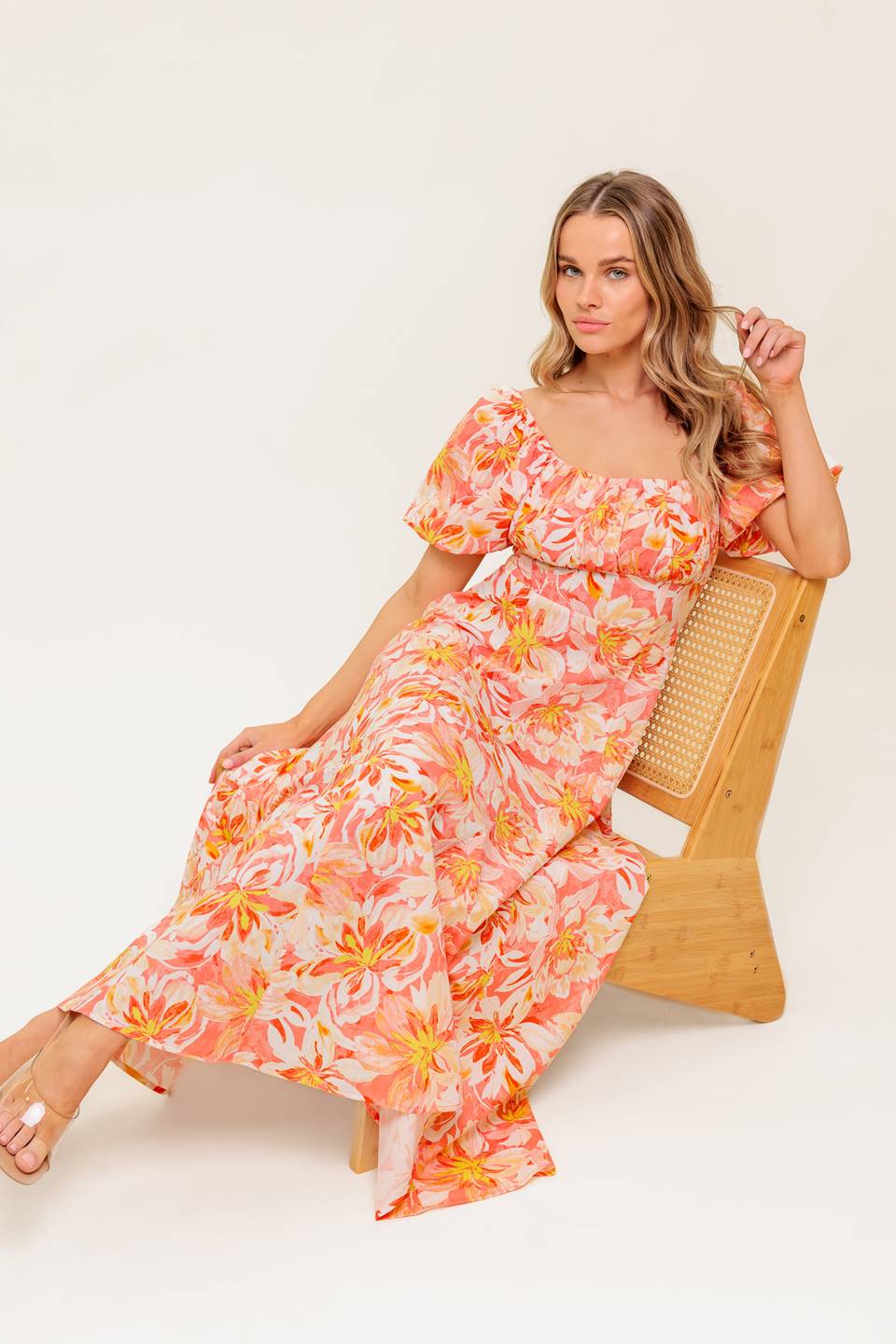 ISLAND FLOWERS PUFF SLEEVE MIDI DRESS CORAL FINAL SALE