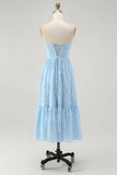 Strapless Sky Blue A Line Corset Midi Dress