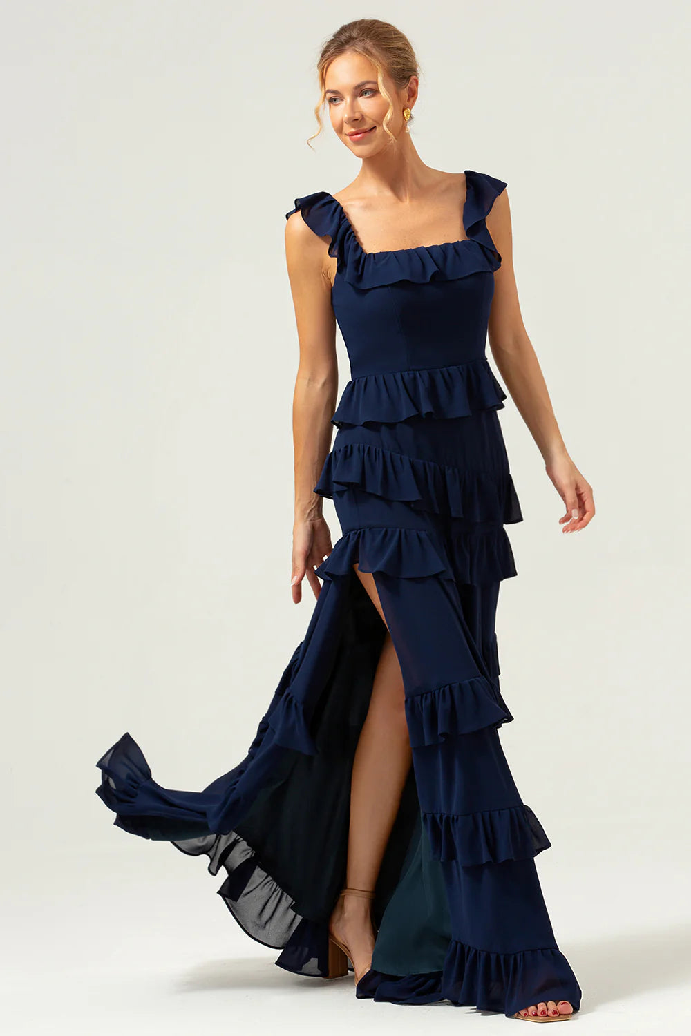 Dark Navy A Line Square Neck Tiered Long Bridesmaid Dress