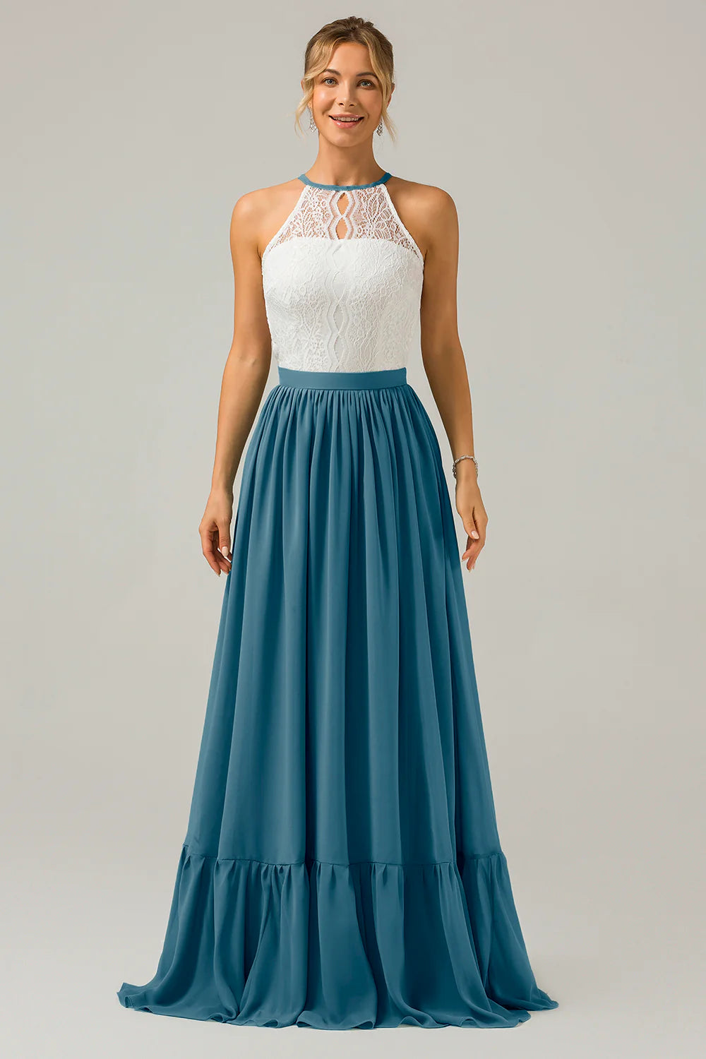 A Line Halter Pleated Keyhole Chiffon Bridesmaid Dress With Lace