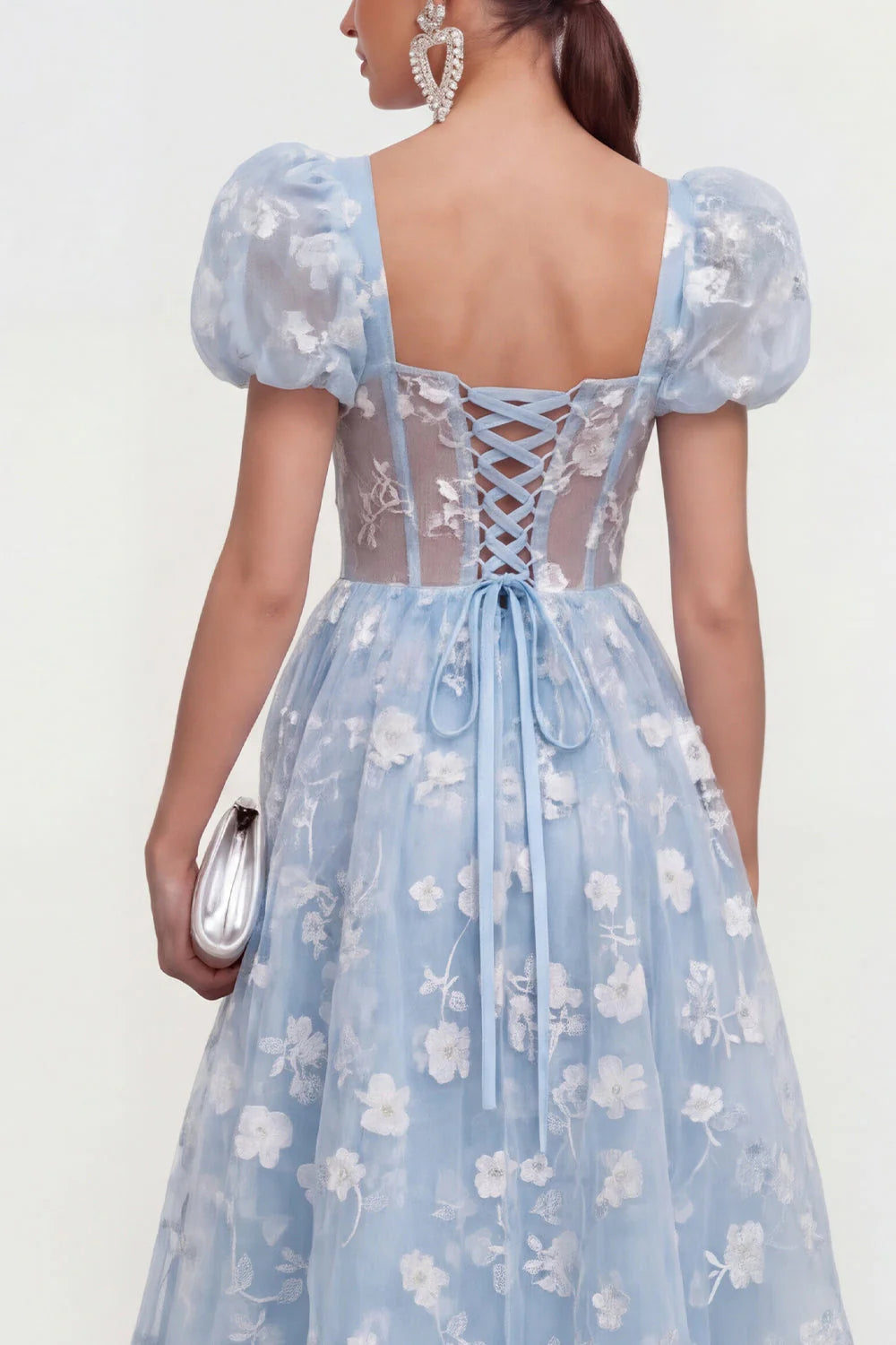 Floral Pink Puff Sleeve A Line Corset Wedding Guest Dress