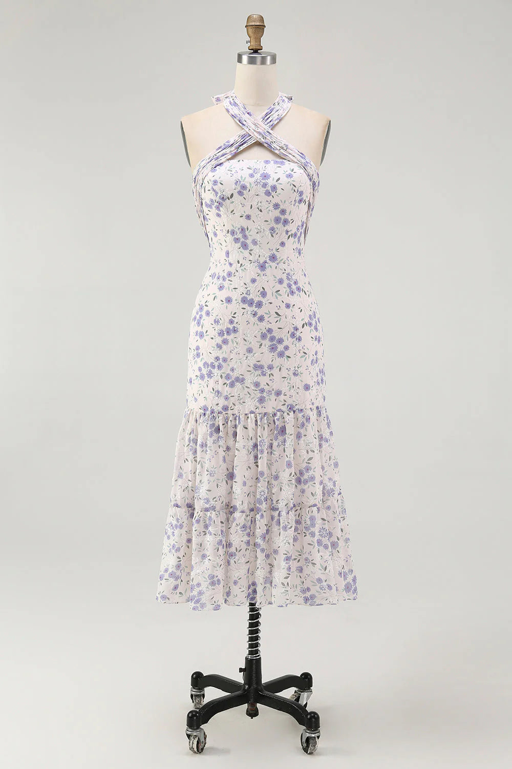 Blue Floral Halter Neck A Line Tiered Chiffon Midi Dress