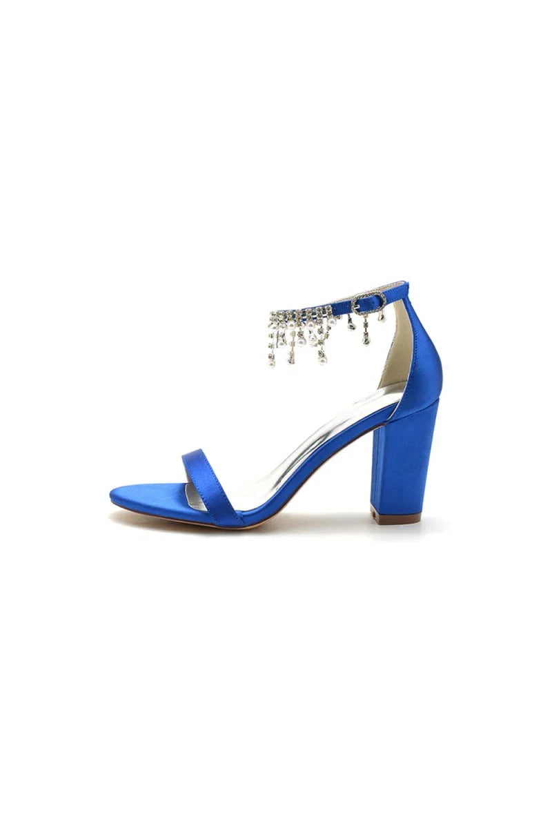 Open Toe Block Heels with Rhinestone Tassel