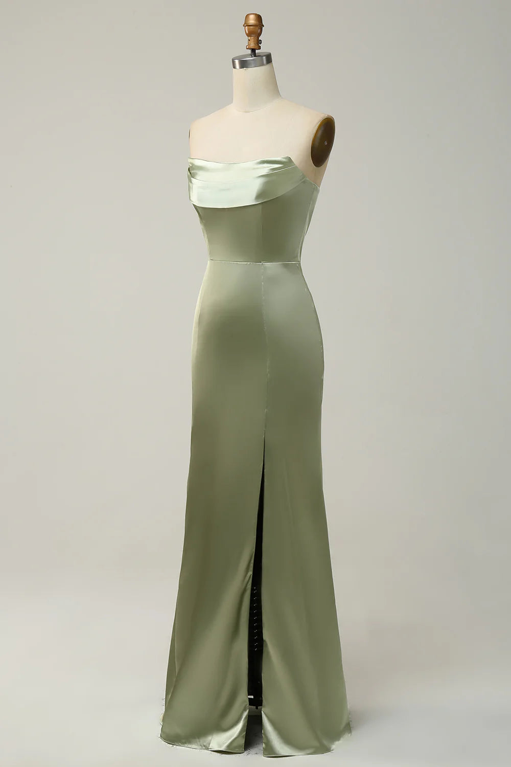 Green Sheath Convertible Strapless Satin Floor Length Dress with Slit