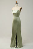 Green Sheath Convertible Strapless Satin Floor Length Dress with Slit