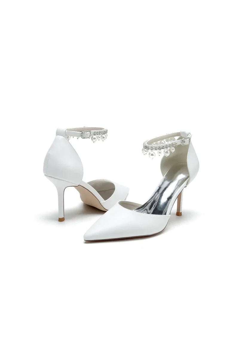 Satin Pointed Toe Pearl Beaded Ankle Strap Simple Wedding Shoes