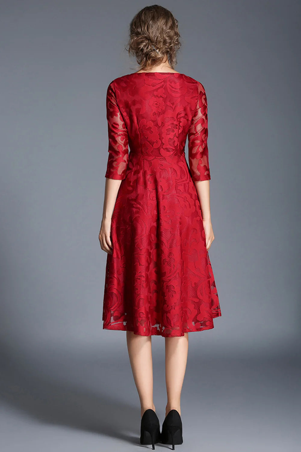 Peacock A Line Round Neck Midi Mother Of The Bride Dress with Half Sleeves