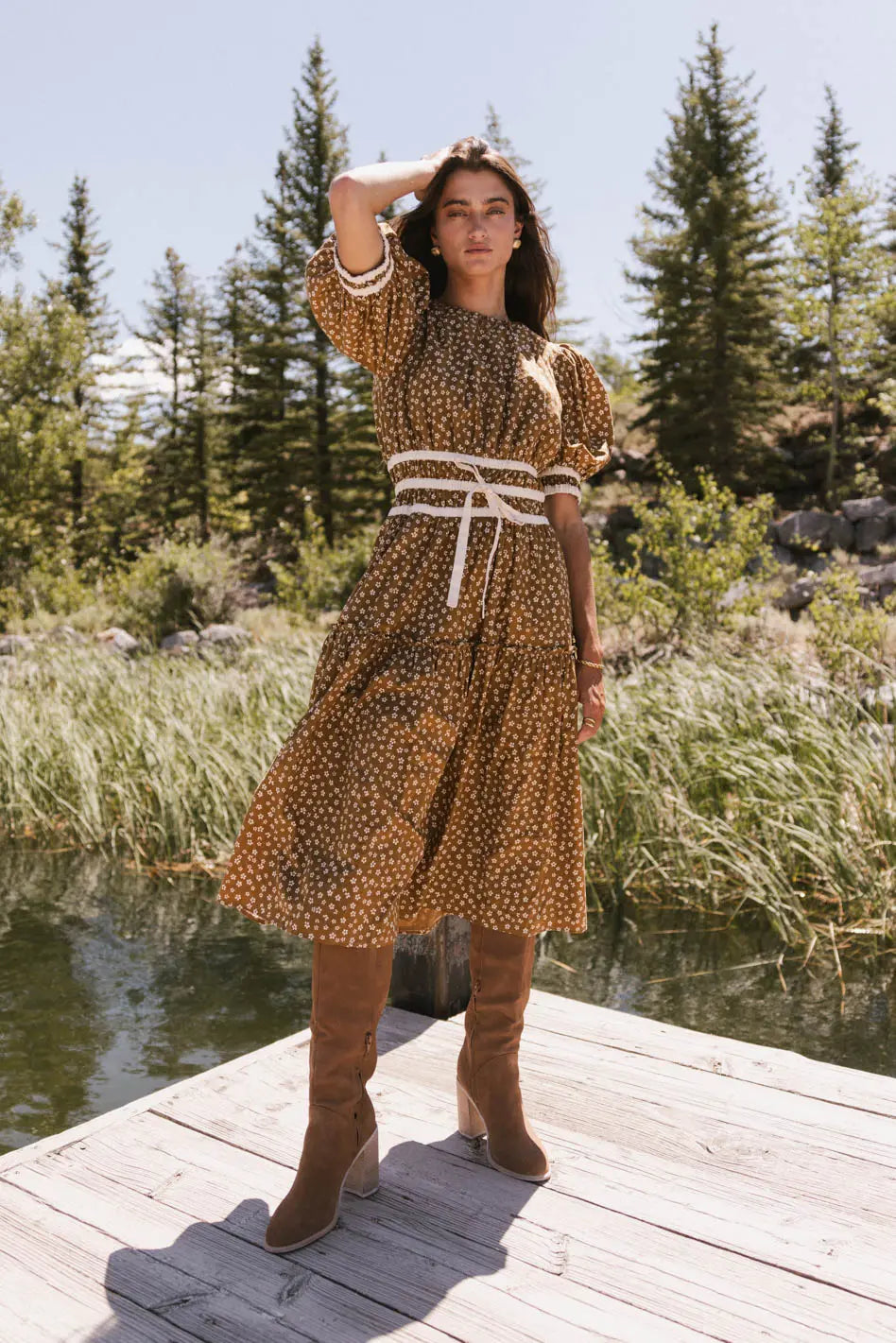 Kendra Ditsy Floral Midi Dress in Brown FINAL SALE