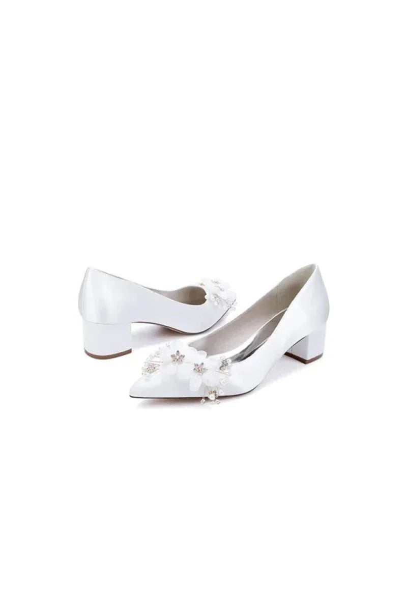 Pointed Toe Satin Slip on Chunky Wedding Shoes With Flower