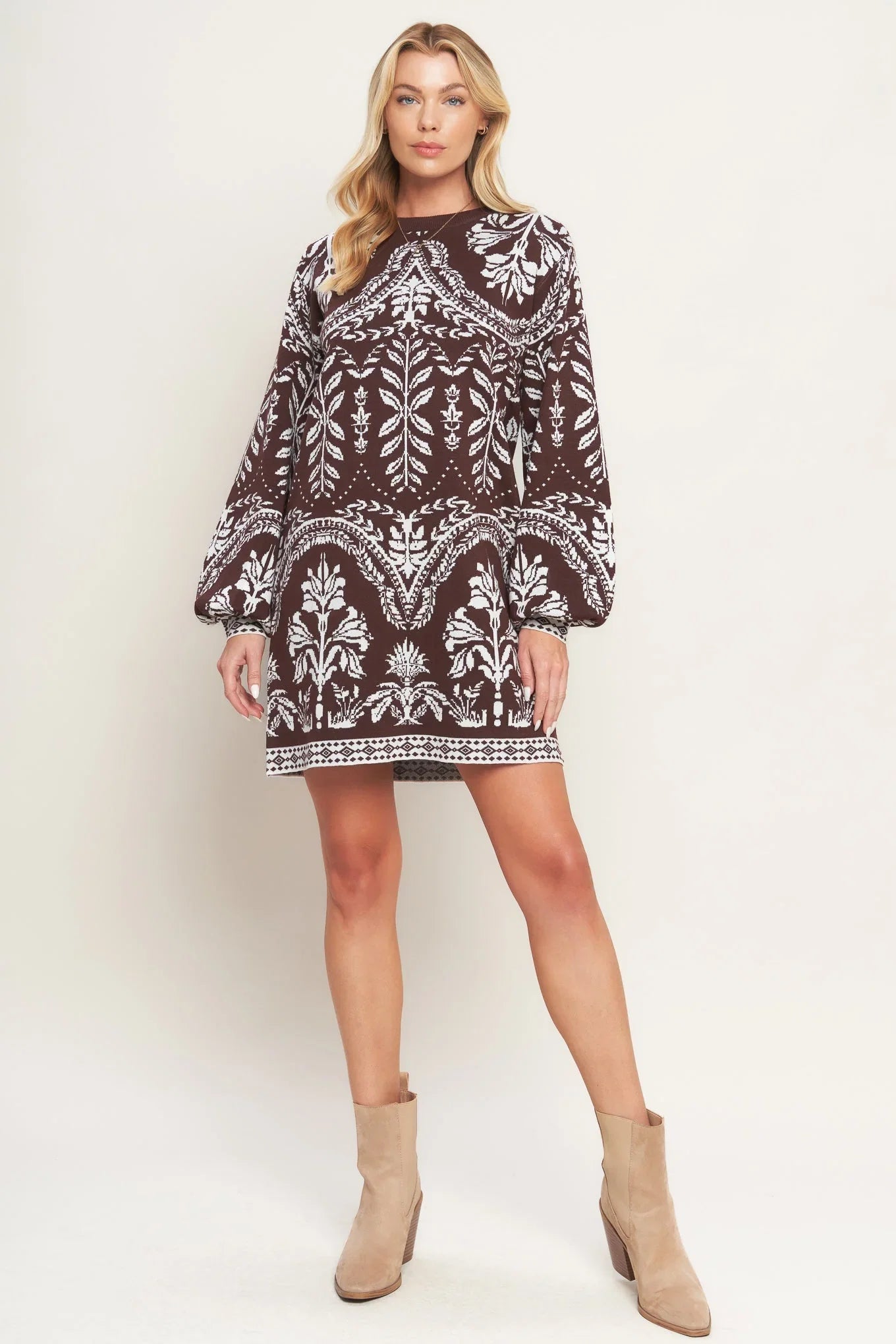 TERRA TAPESTRY BROWN SWEATER KNIT MINI DRESS