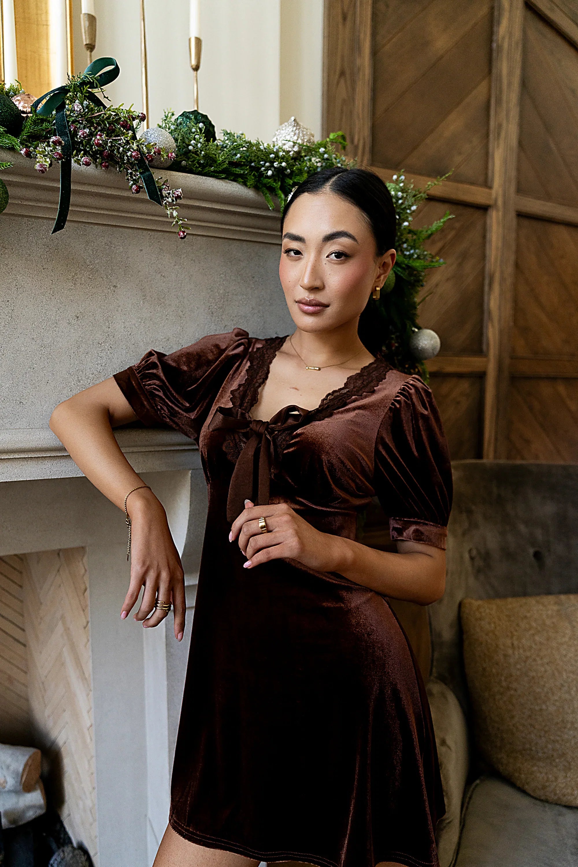 Roxanna Velvet Mini Dress in Brown FINAL SALE