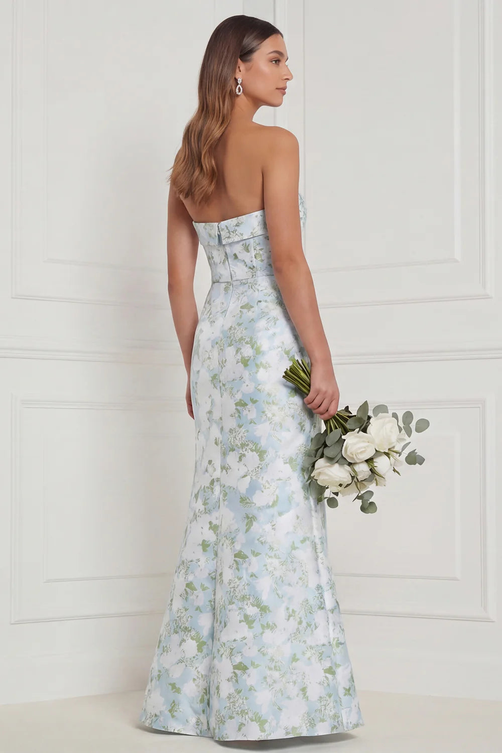 Strapless Mermaid Blue White Floral Printed Bridesmaid Dress