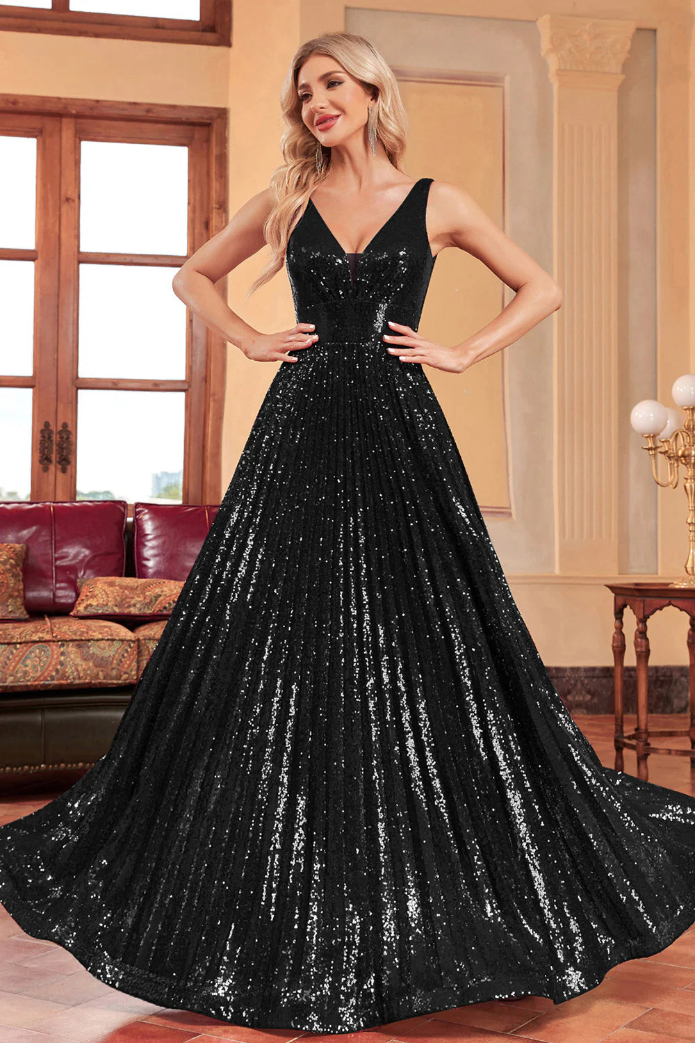 Sparkly Black A Line Pleated Long Prom Dress with Sequins