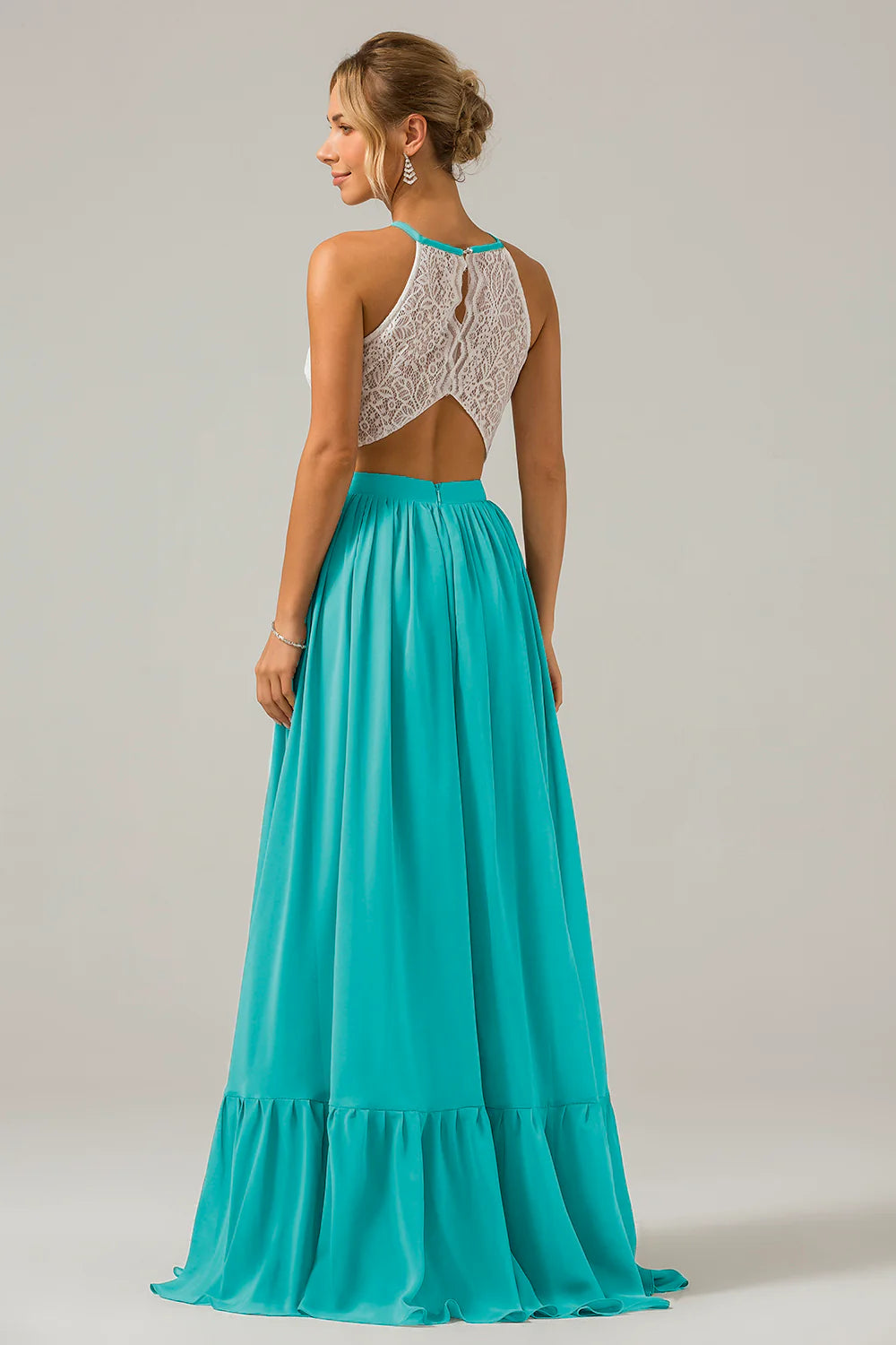 A Line Halter Pleated Keyhole Chiffon Bridesmaid Dress With Lace