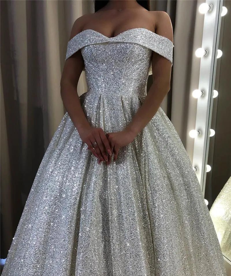 Shiny Silver Sequin A Line Wedding Dresses Off the Shoulder