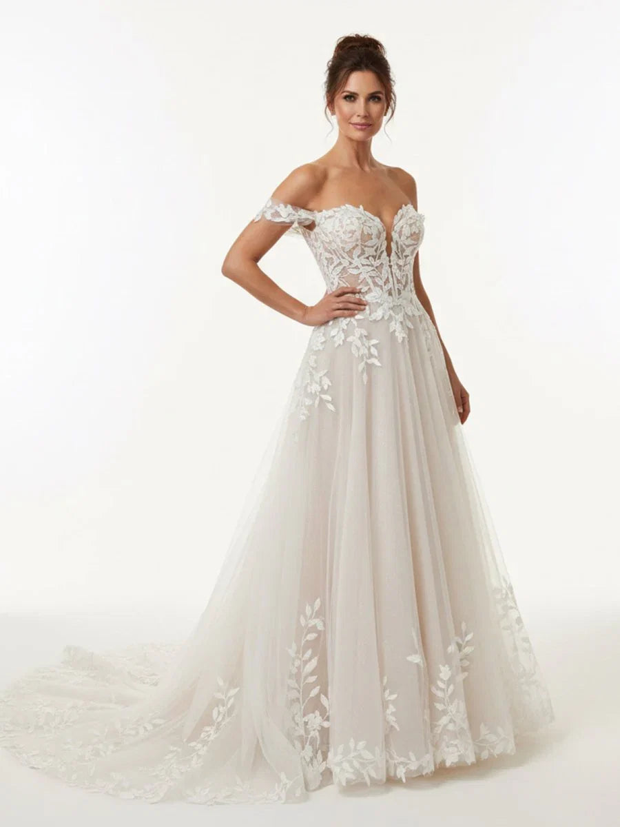 A line Lace Beach Wedding Dress with Off Shoulder Tulle Appliques