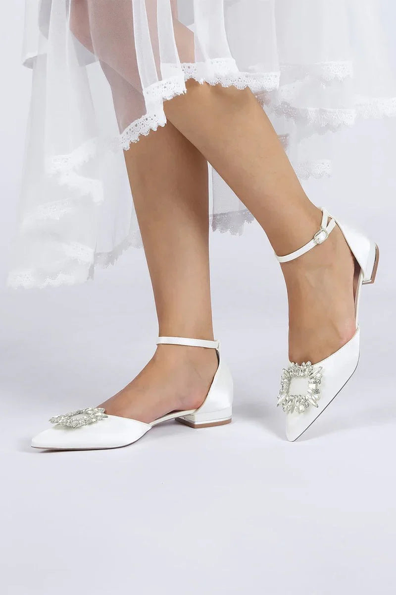 Rhinestone Pointed Toe Ankle Strap Satin Kitten Heels