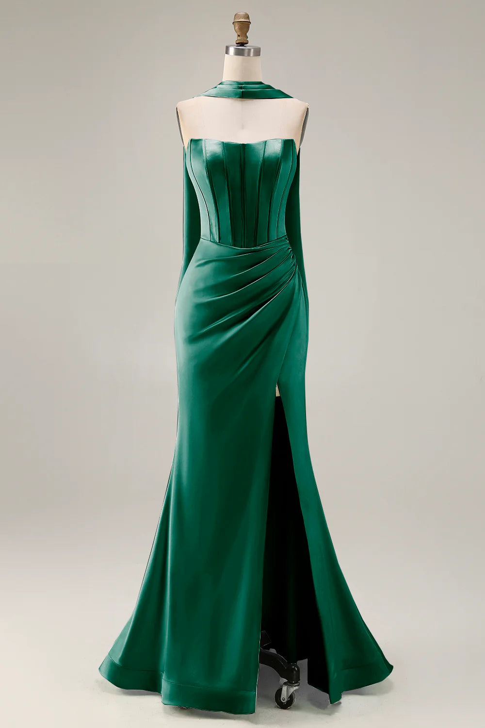 Light Green Strapless Mermaid Corset Ruched Long Prom Dress with Streamer