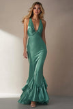 Emerald Green Mermaid Satin Ruffle Long Formal Dress