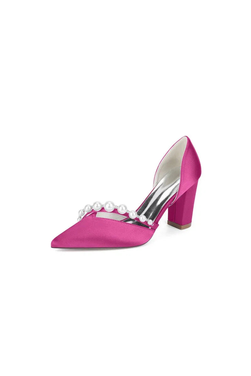 White Satin High Heels with Pearl Embellishments