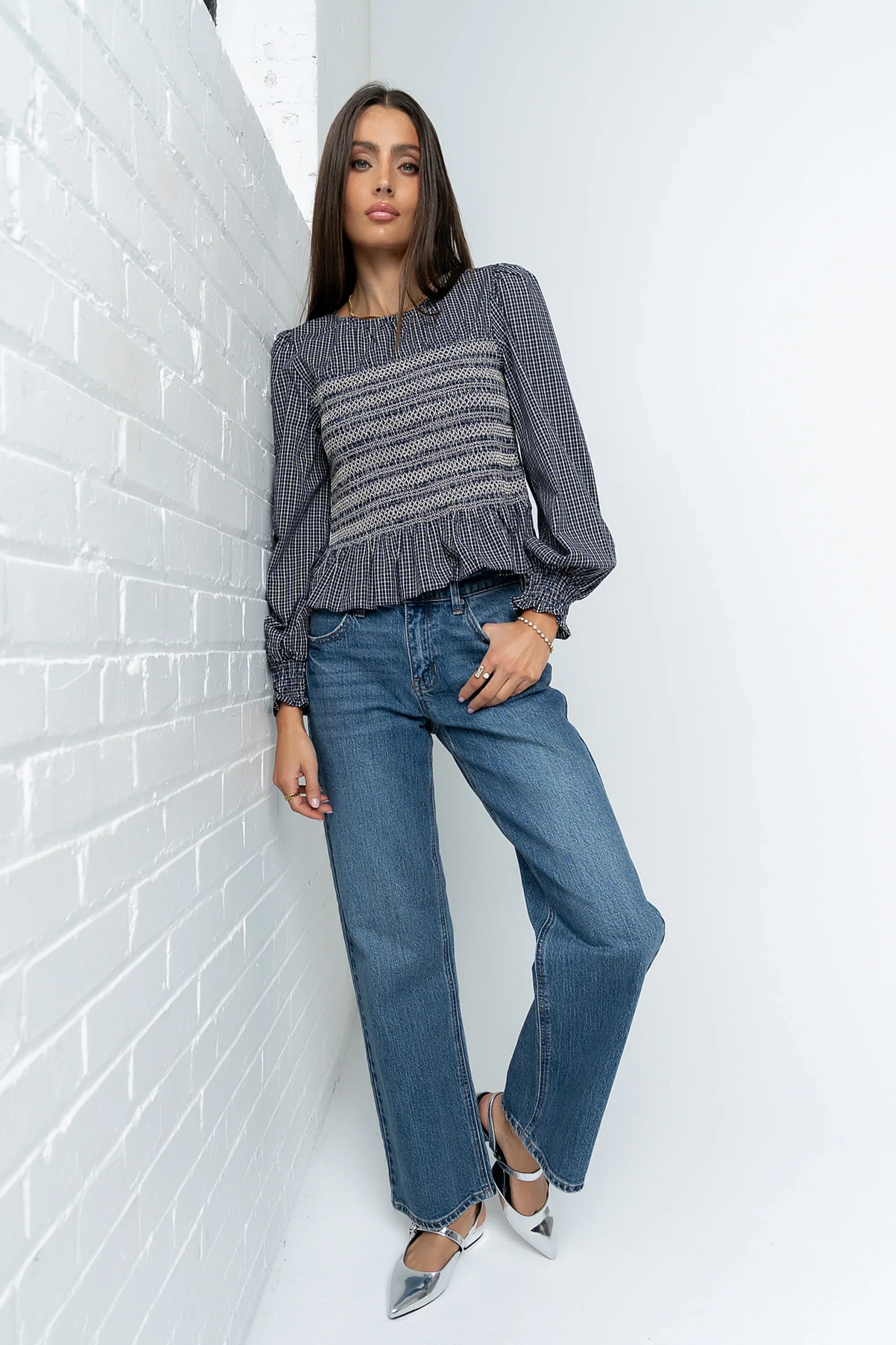 Kesley Smocked Blouse in Navy