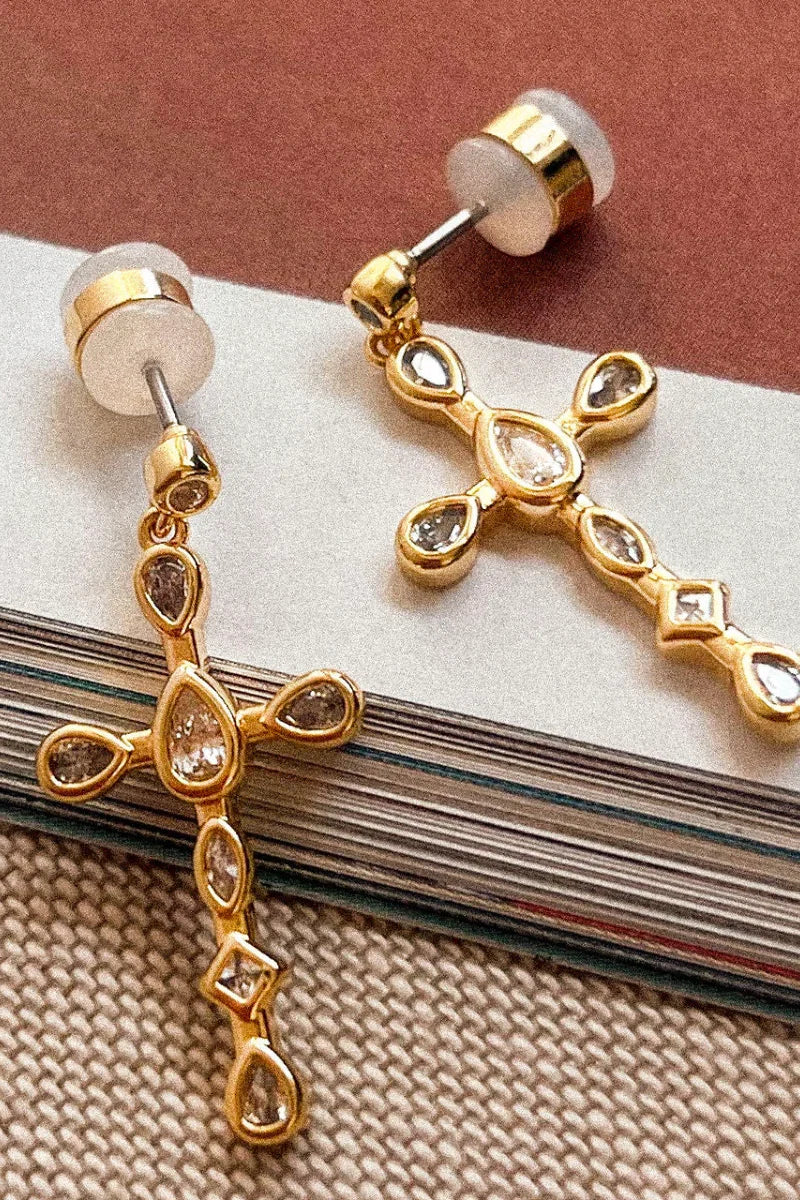 LUV AJ Bezel Stone Cross Studs