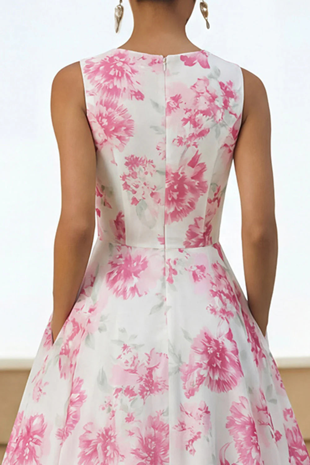 Floral White A Line Midi Wedding Guest Dress with Pockets