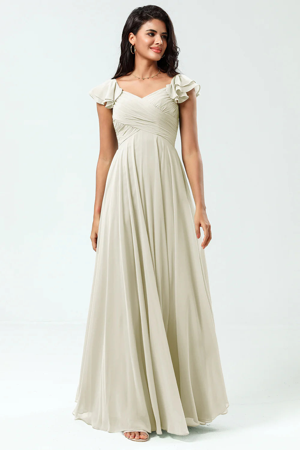 Lace Up Back Cross A Line Chiffon Bridesmaid Dress with Ruffles