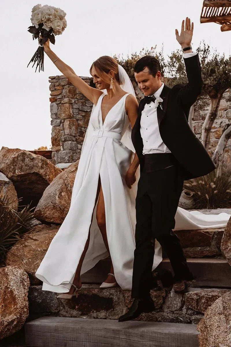 Attractive Deep V Neck White Satin Bohemian Wedding Dress