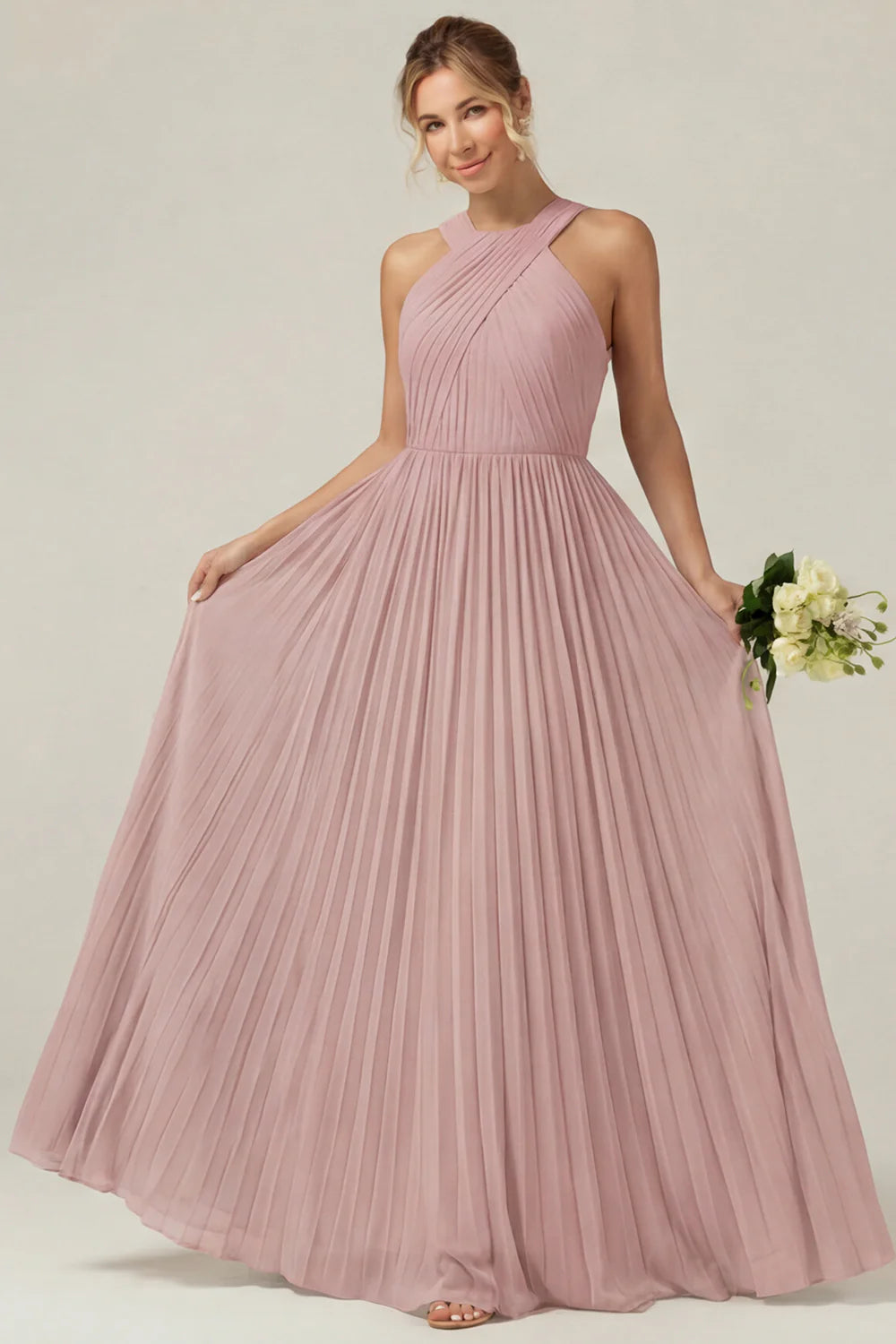 Dusty Sage A Line Halter Pleated Long Bridesmaid Dress