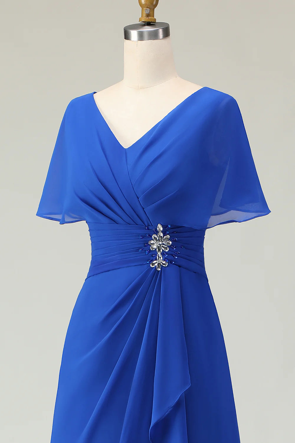 Royal Blue V Neck A Line Beaded Ruched Midi Mother of the Bride Dress
