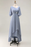 Dusty Blue A Line Chiffon V Neck Ruched Mother Of The Bride Dress with Short Sleeves