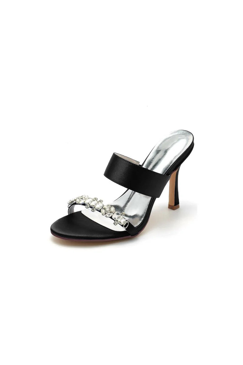 Open Toe Satin Strap Slip On High Heels With Rhinestone