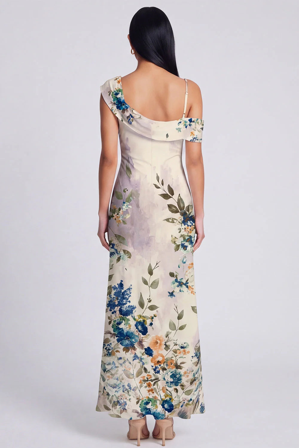 Champagne Asymmetrical Neck Floral Wedding Guest Dress