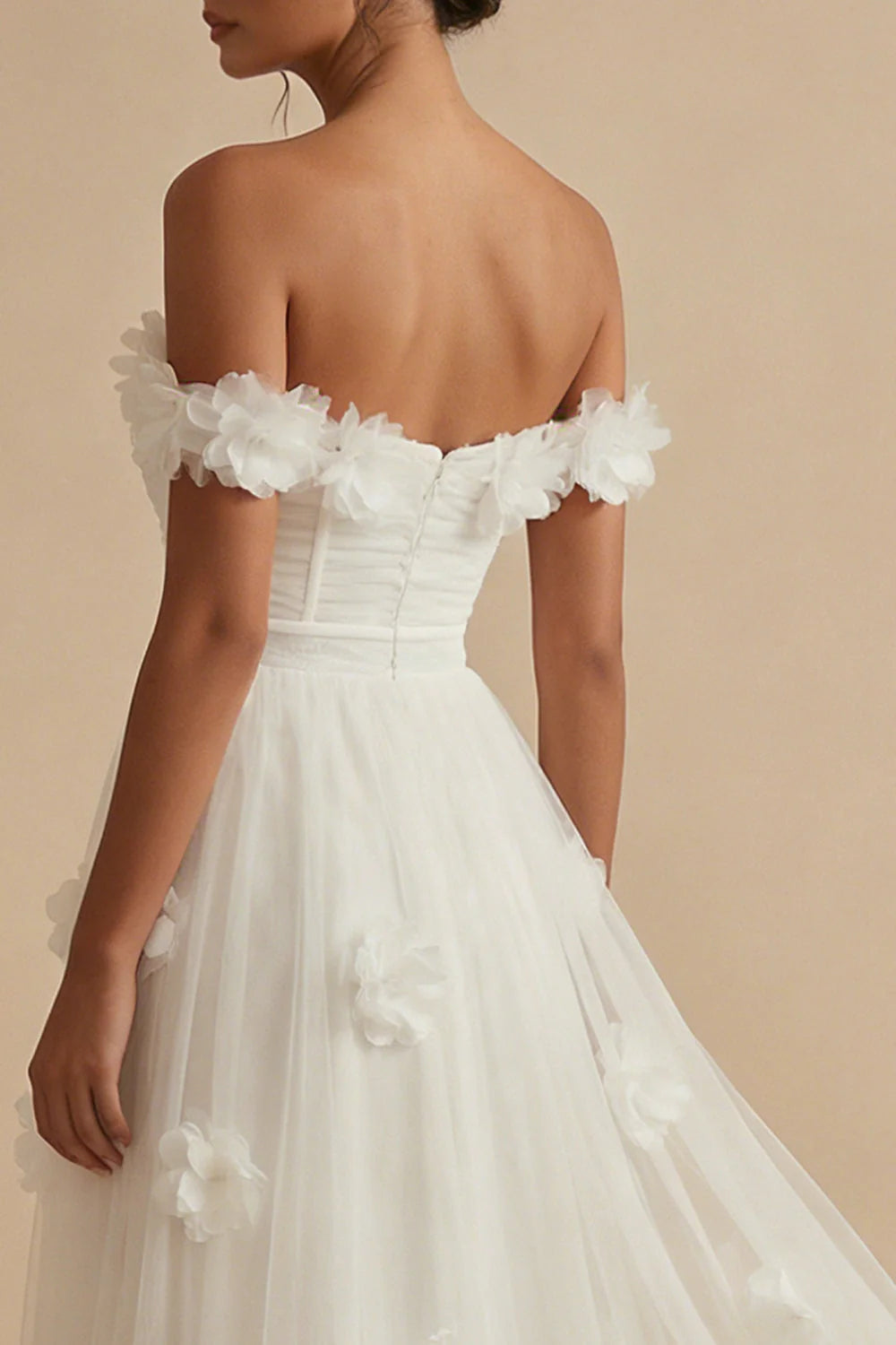 Off the Shoulder A Line Appliqued White Wedding Dress with Slit