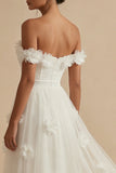 Off the Shoulder A Line Appliqued White Wedding Dress with Slit