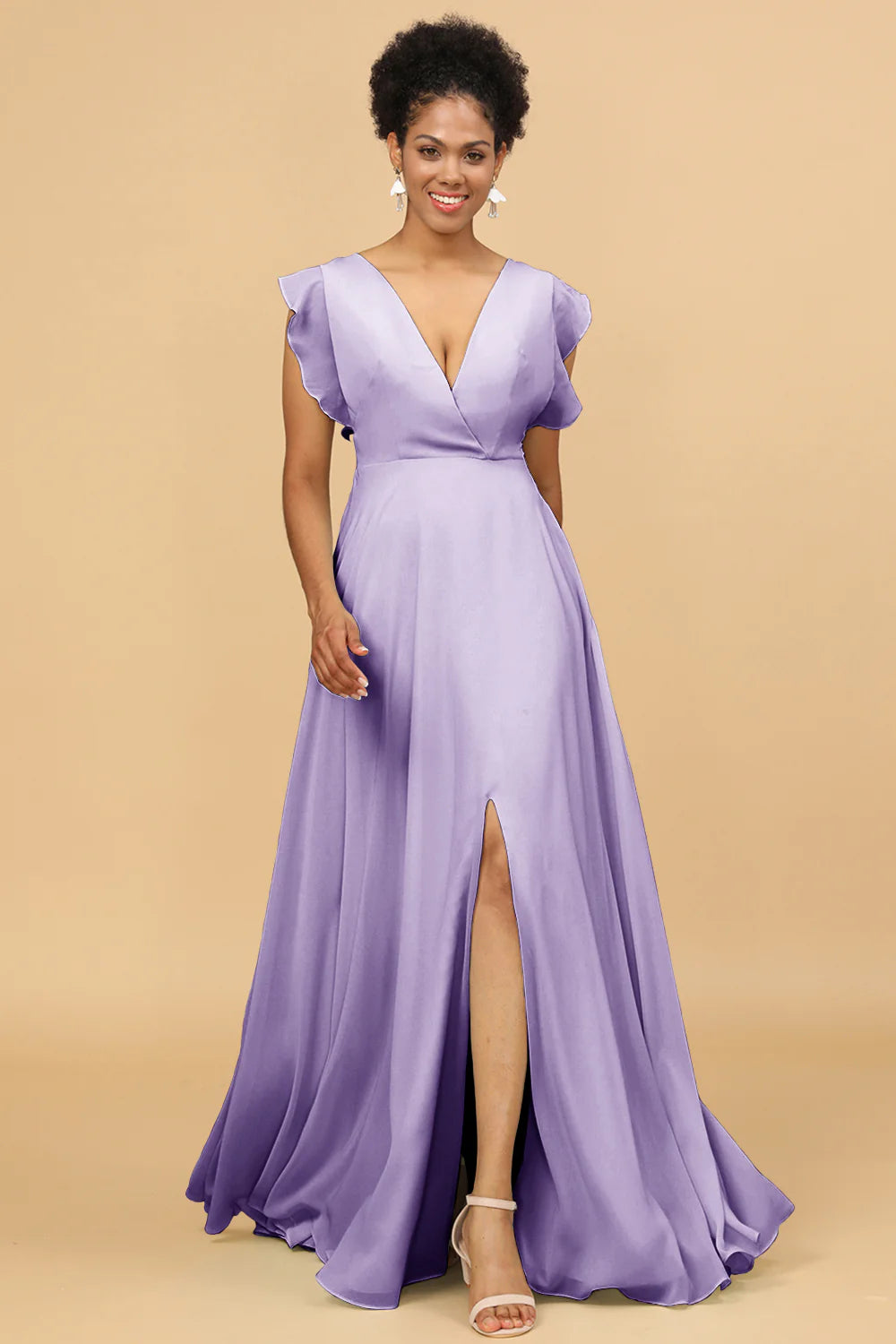 A Line V Neck Floor Length Chiffon Bridesmaid Dress with Slit