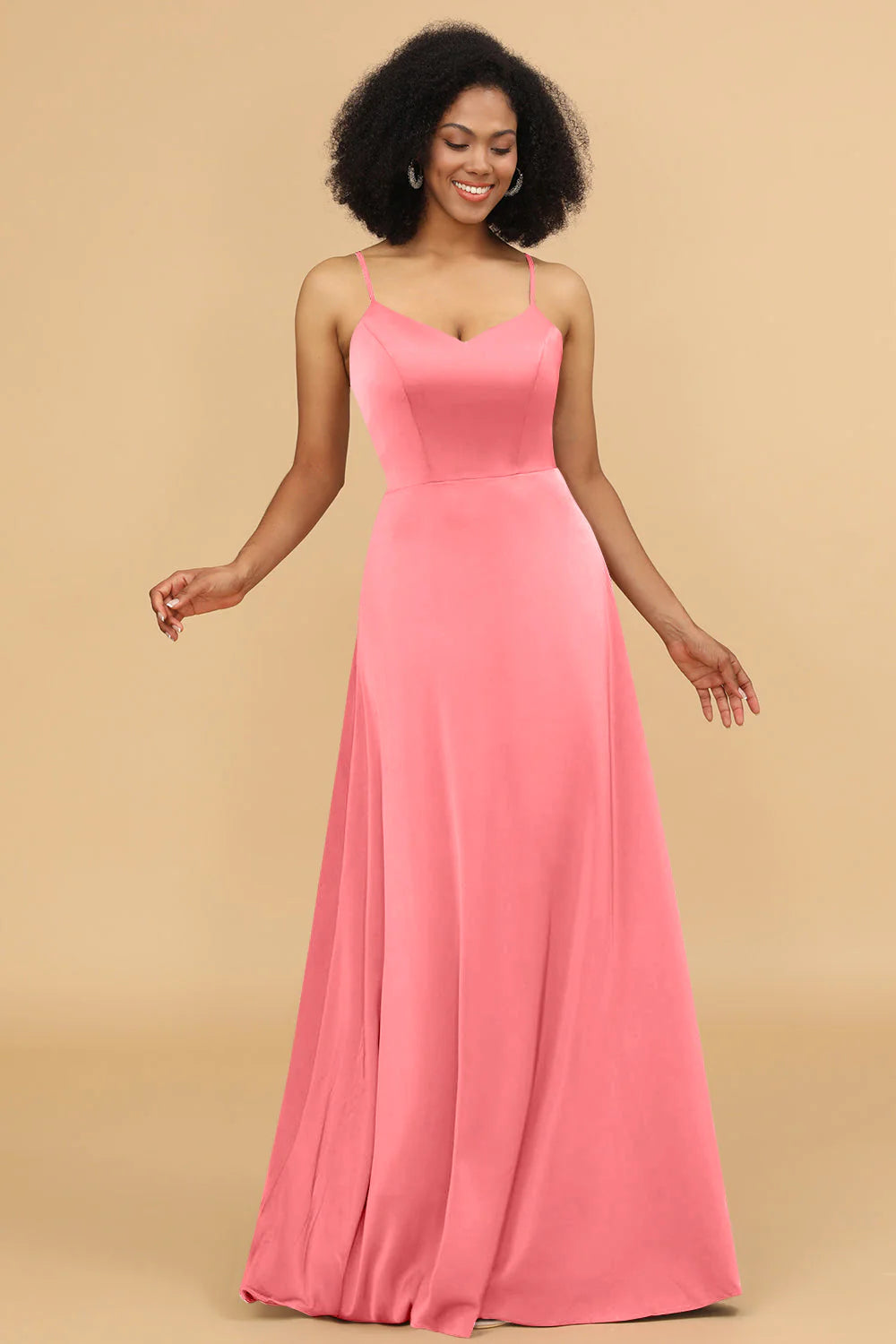 A Line Spaghetti Straps Floor Length Satin Bridesmaid Dress